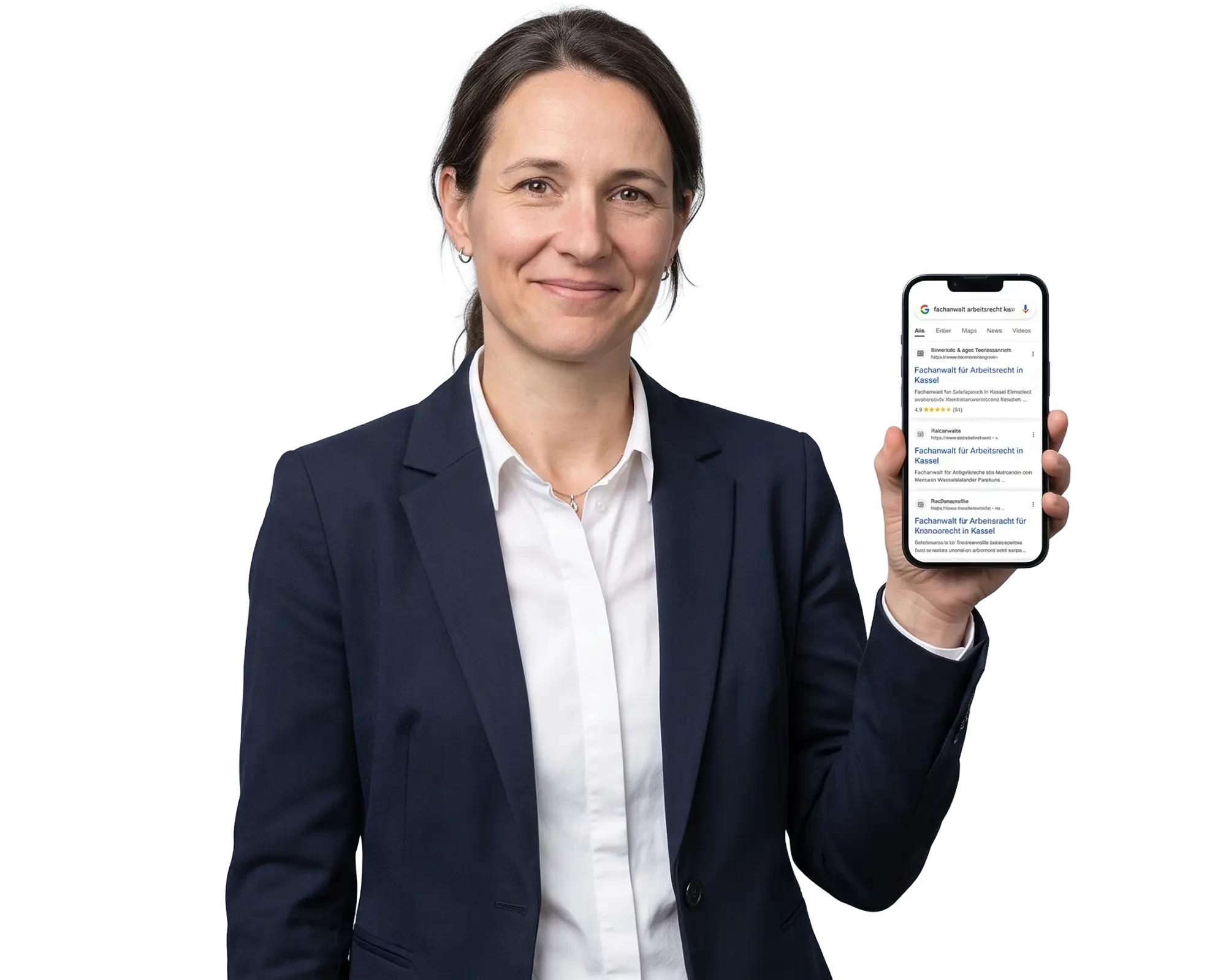 Hero Anwalt zeigt Suchergebnisse auf Smartphone – Fachanwalt für Arbeitsrecht in Kassel (KI-generiert)