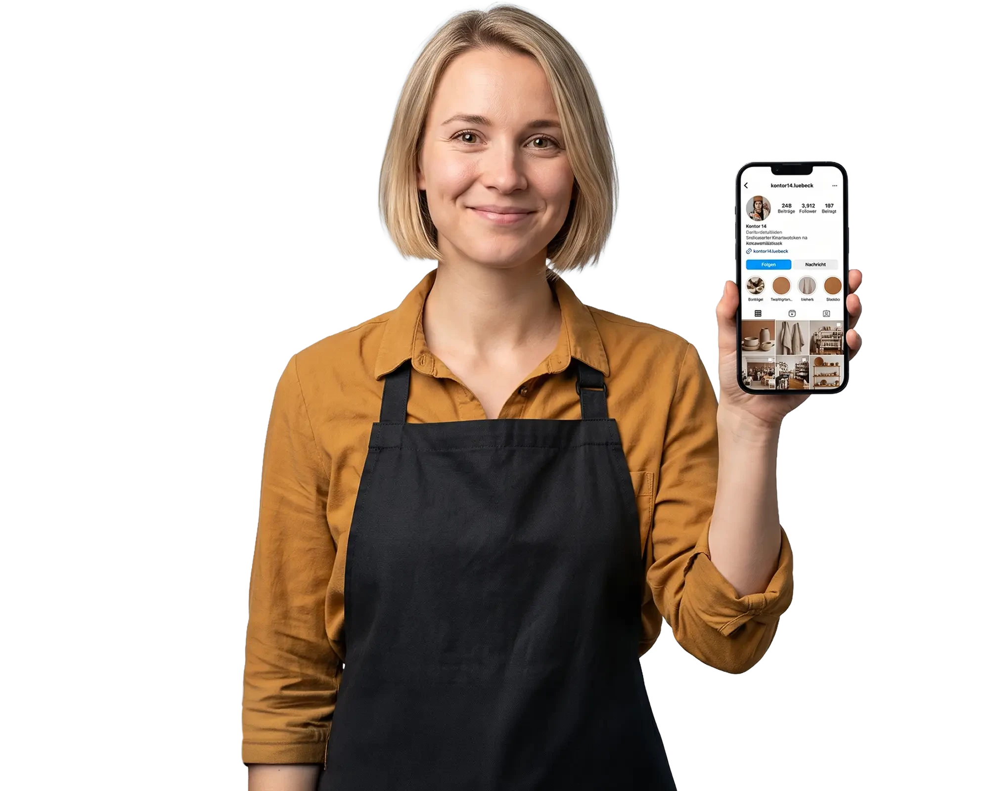 Junge Frau im Einzelhandel mit Schürze zeigt Smartphone mit Social-Media-Profil (KI-generiert)