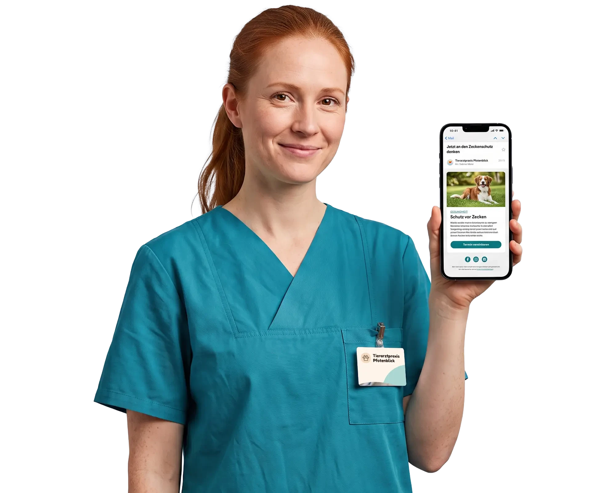 Tierärztin zeigt Smartphone mit Online-Tierarztpraxis – hero-tierarzt-0-1.webp (KI-generiert)