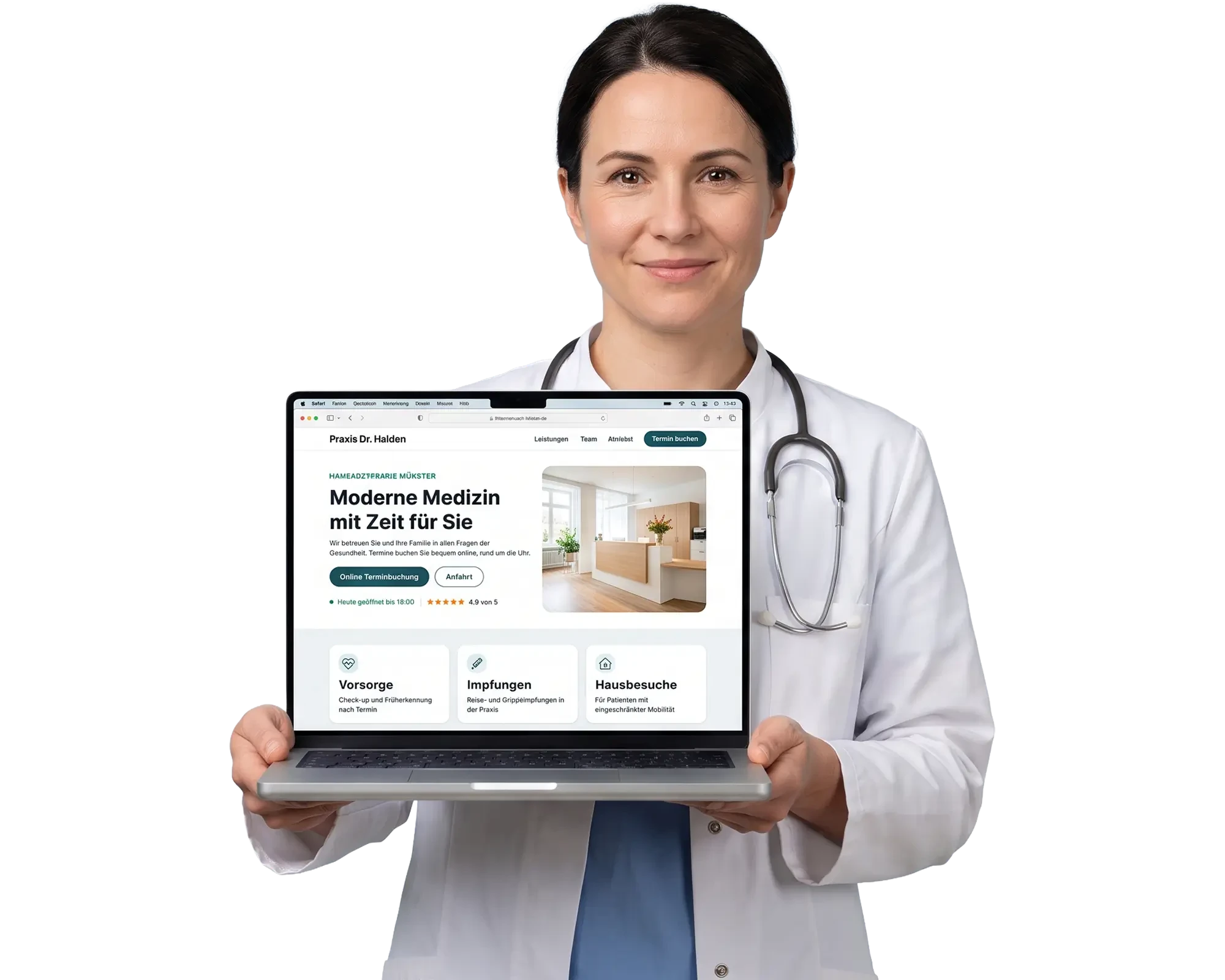 Hero-Bild einer Ärztin mit Stethoskop, die einen Laptop mit Praxis-Website präsentiert (KI-generiert)