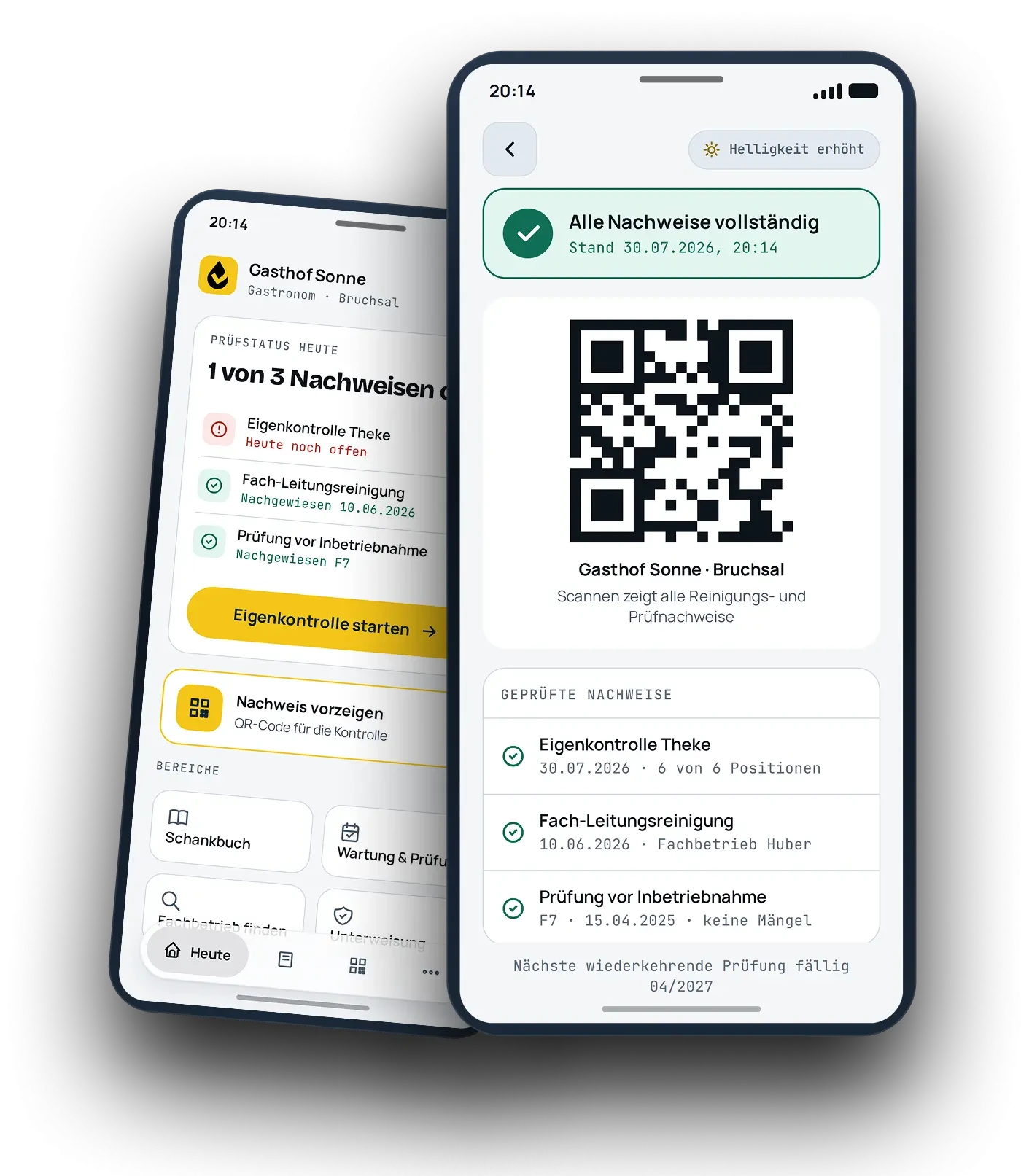 Digitale Nachweisführung im Gasthof Sonne Bruchsal auf Smartphone mit QR-Code und Prüfungsübersicht