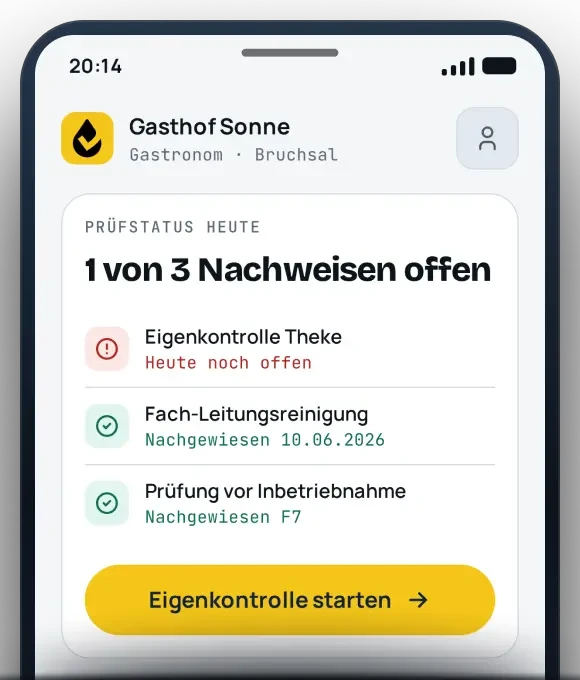 App-Ansicht Heute für den Gastronom: Prüfstatus mit einem offenen Nachweis, Eigenkontrolle starten, Nachweis vorzeigen