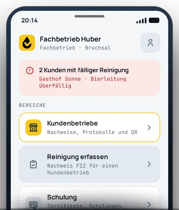 App-Ansicht Heute für den Fachbetrieb: fällige Reinigungen bei Kundenbetrieben und Prüfprotokolle