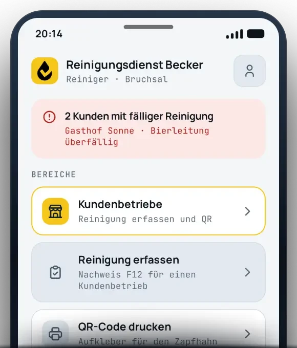 App-Ansicht Heute für den Reiniger: erfasste Leitungsreinigungen und QR-Code zum Drucken