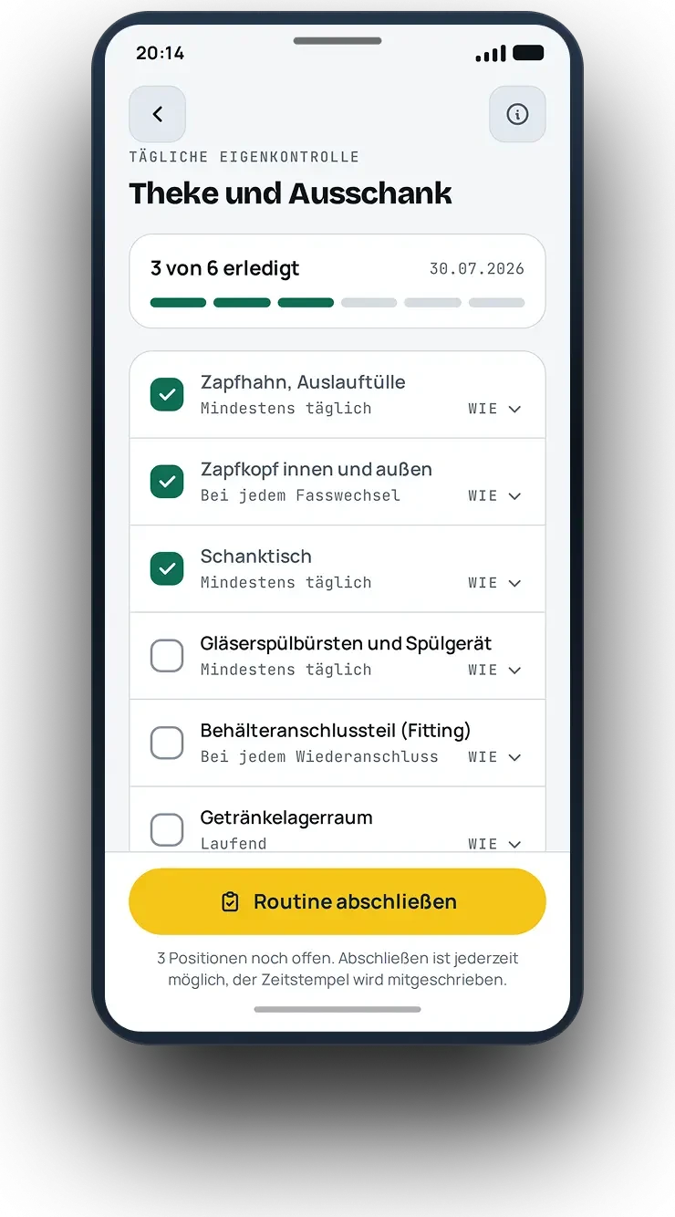 Checkliste auf dem Smartphone zur täglichen Reinigung von Zapfhahn, Zapfkopf, Schanktisch und weiteren Elementen im Ablaufprozess