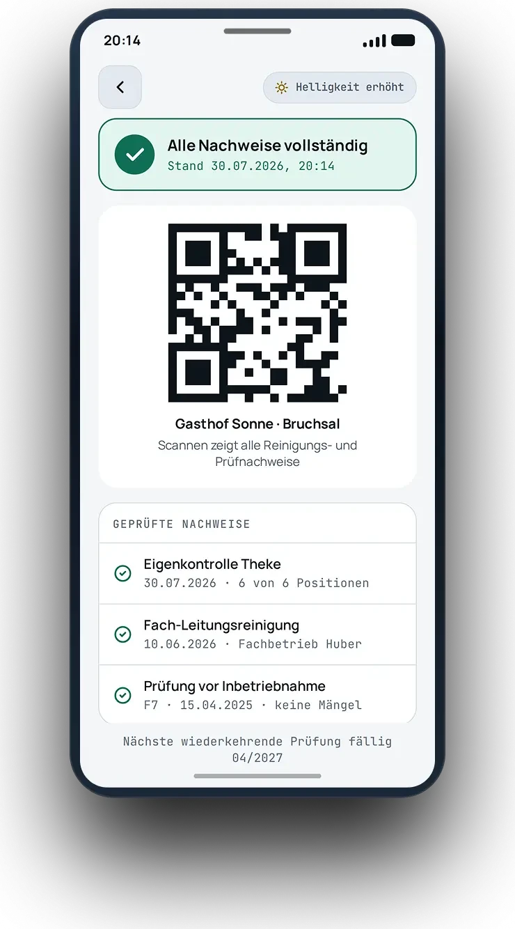 QR-Code auf Smartphone für Reinigungs- und Prüfnachweise im Gasthof Sonne Bruchsal