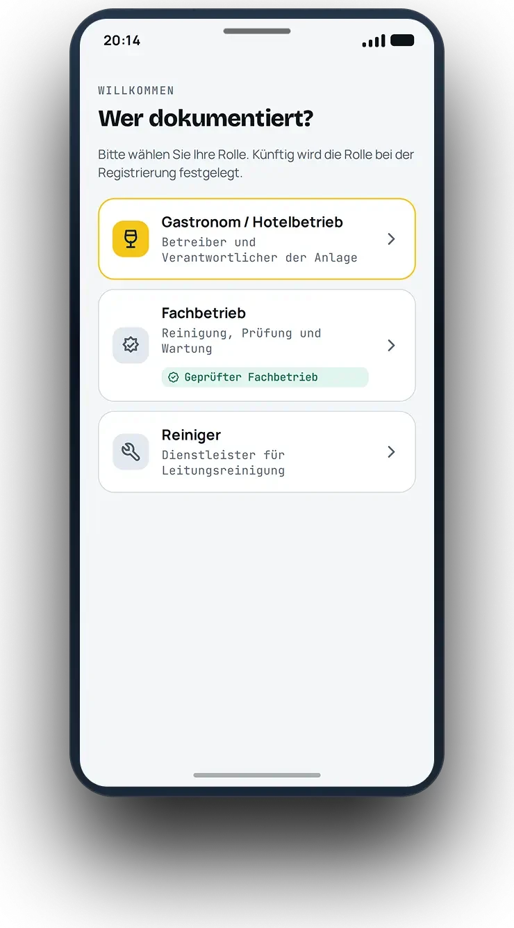 Screenshot eines Auswahlmenüs auf dem Smartphone mit den Optionen Gastronom/Hotelbetrieb, Fachbetrieb und Reiniger