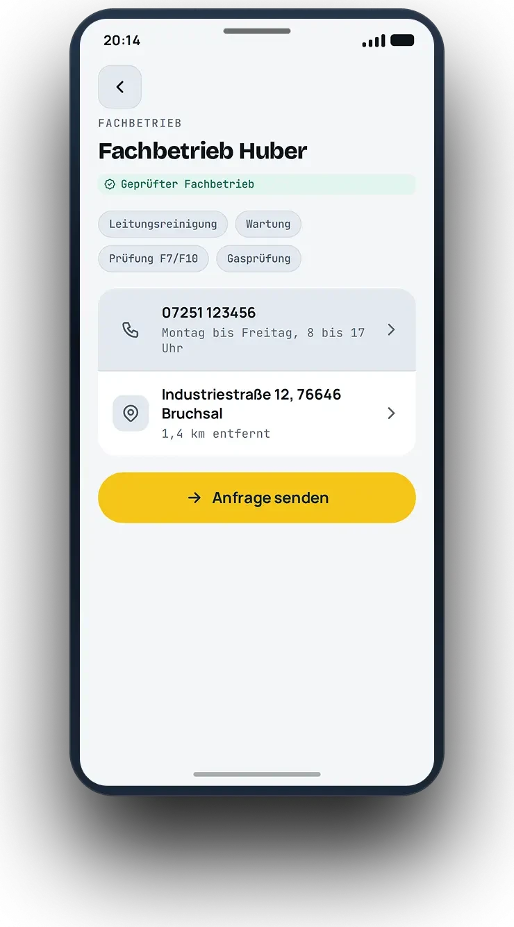 App-Ansicht Fachbetrieb-Detail mit dem Siegel Geprüfter Fachbetrieb