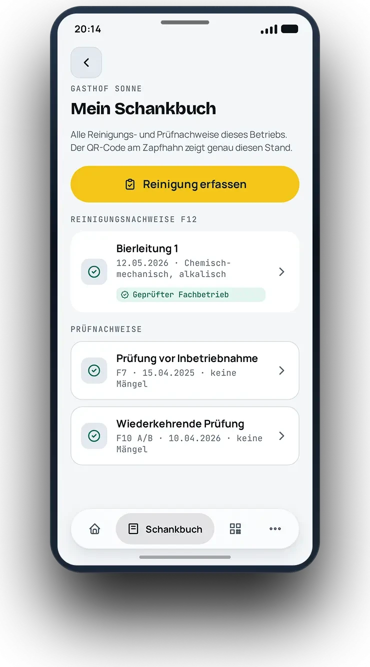 App-Ansicht Schankbuch mit Reinigungsnachweisen je Bauteil