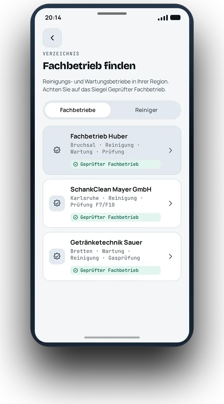 App-Ansicht Fachbetrieb finden mit Verzeichnis geprüfter Betriebe