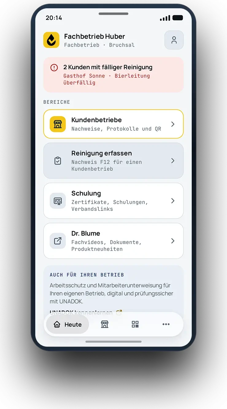App-Ansicht Wartung und Prüfung mit einer überfälligen Position