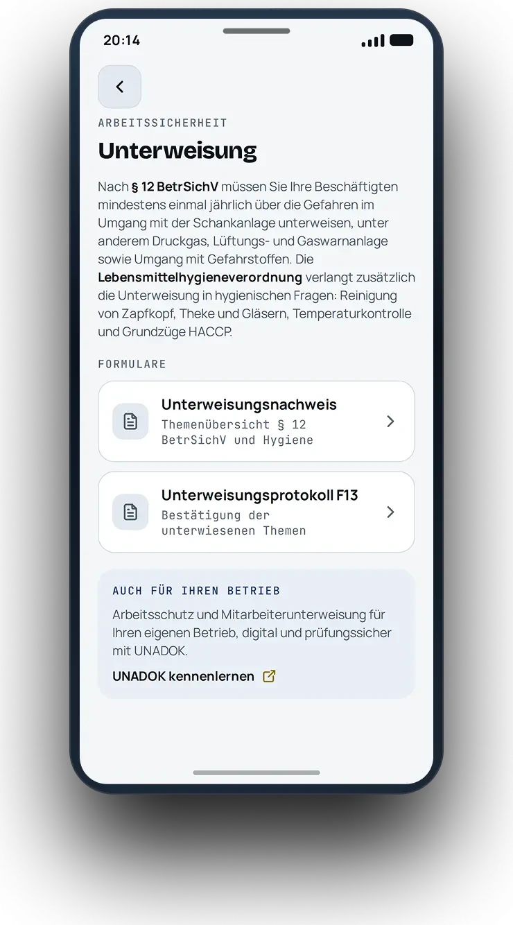 App-Ansicht Arbeitssicherheit mit der Anbindung an UNADOK