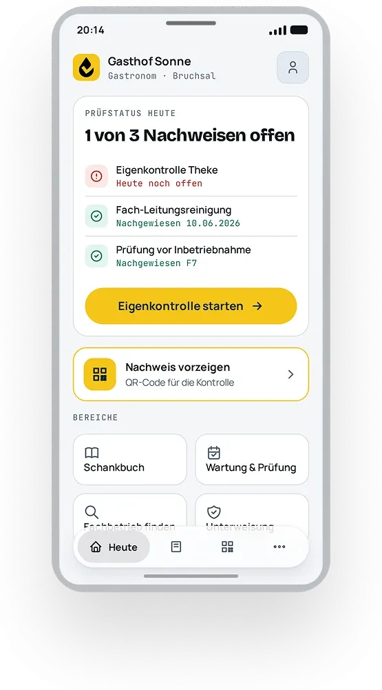 SchankPilot im Tagmodus: Startbildschirm mit Pruefstatus, taegliche Eigenkontrolle und QR-Nachweis