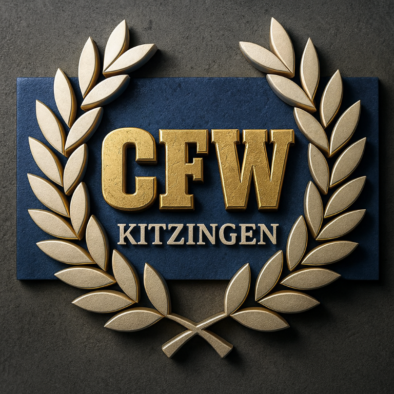 CFW Kitzingen Logo mit goldenen Lorbeerzweigen auf blauem Hintergrund