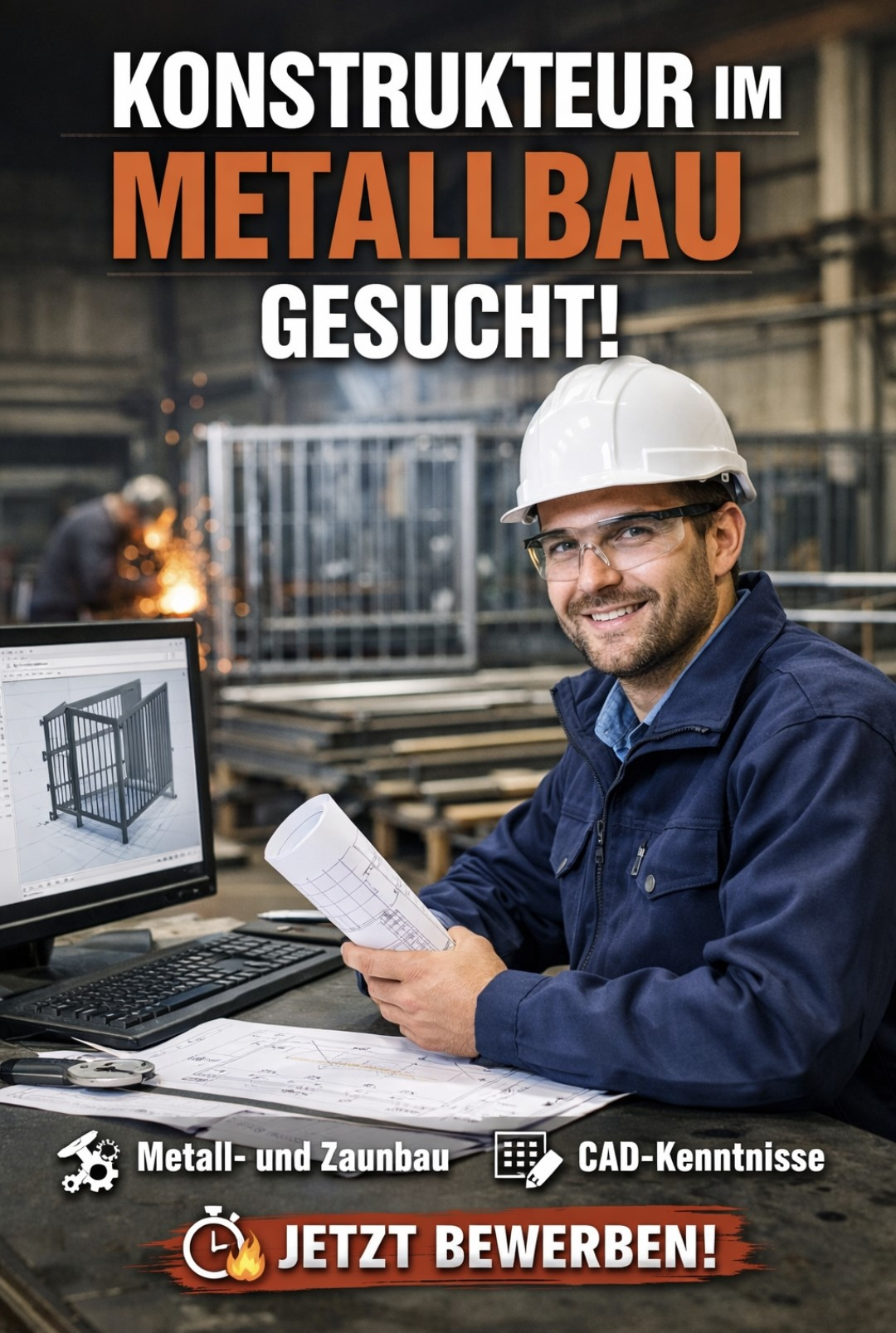 Metallbau Fachkraft arbeitet am Computer mit Konstruktionsplänen in einer Werkstatt – Metallbau gesucht