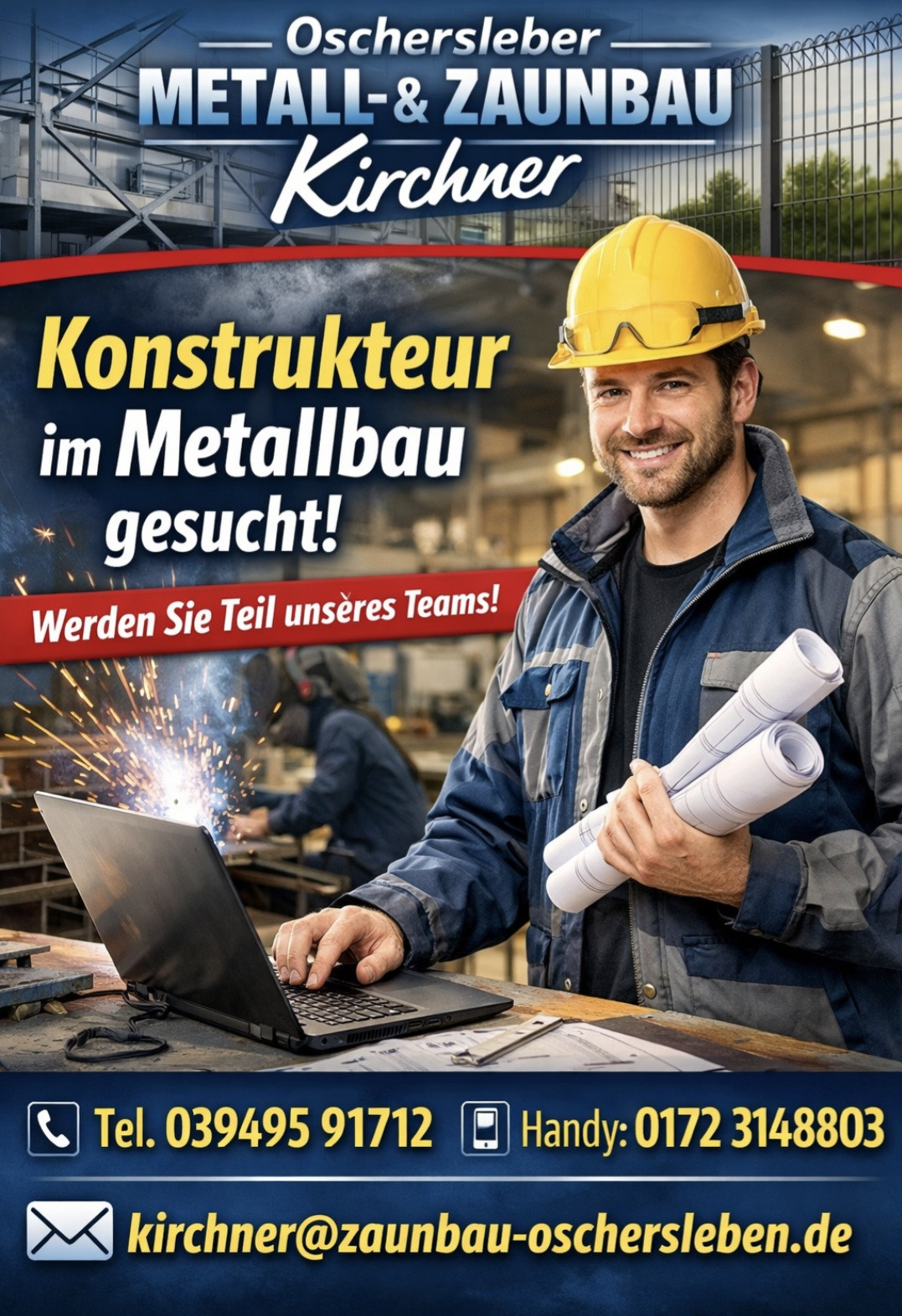 Konstrukteur im Metallbau gesucht – Stellenanzeige mit Ingenieur, Bauplänen und Laptop in Werkhalle