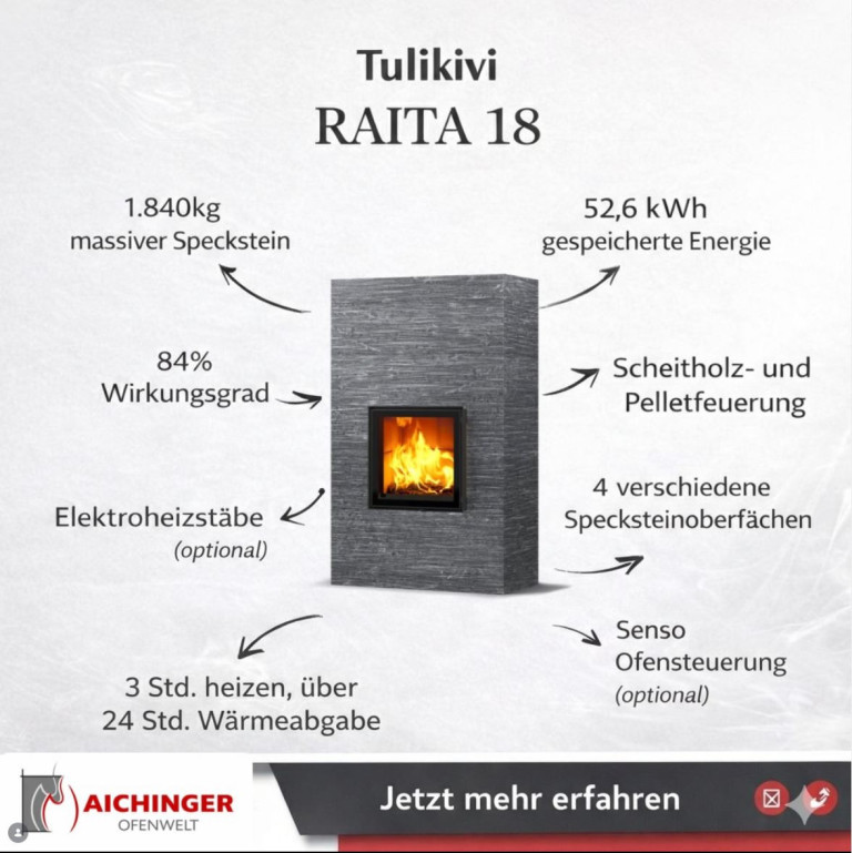 Tulikivi RAITA 18 Specksteinofen mit hoher Energieeffizienz, Scheitholz- und Pelletfeuerung, vorgestellt von Aichinger Ofenwelt