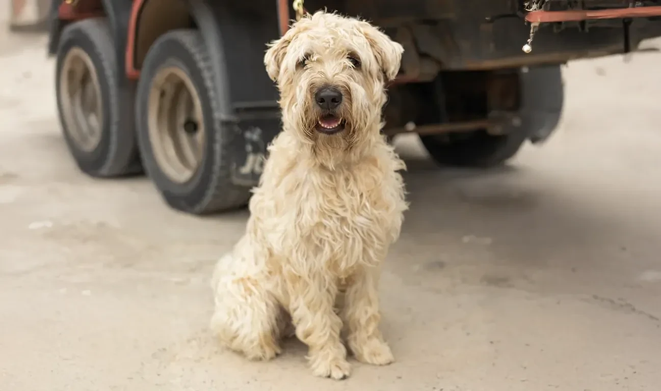 Dagobert, ein zotteliger heller Hund, sitzt vor einem Fahrzeug