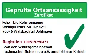 Logo Zertifikat geprüfte Ortsansässigkeit für Rohrreinigung Walzbachtal-Jöhlingen