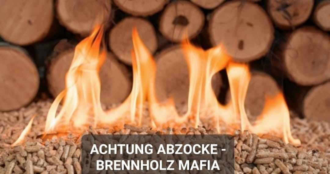 Achtung Abzocke durch Brennholz Mafia – Stapel Brennholz mit Flammen im Vordergrund