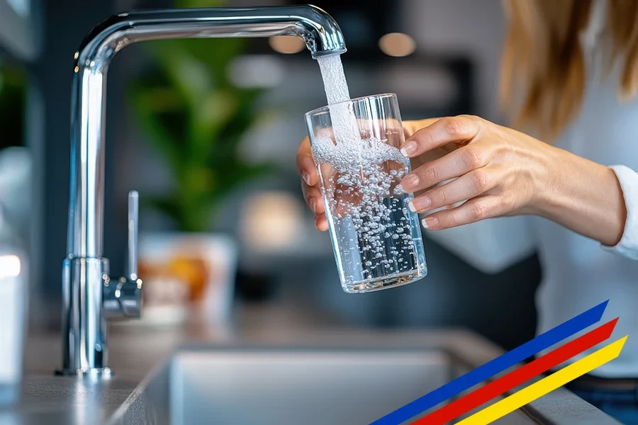 Teaser Trinkwasser neu: Frisches Leitungswasser einschenken Frau füllt ein Glas mit frischem Trinkwasser aus dem Wasserhahn – Teaser Trinkwasser neu