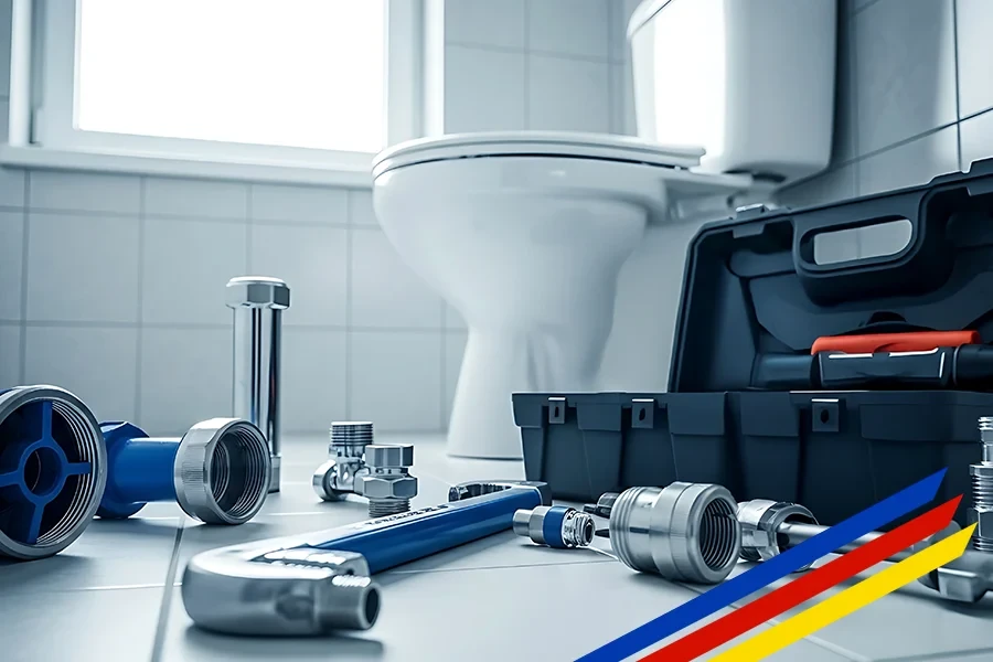 Sanitärinstallation neu – Werkzeug und Zubehör für die moderne Badinstallation Sanitärinstallation neu: Werkzeug und Sanitärzubehör vor einer Toilette im modernen Badezimmer