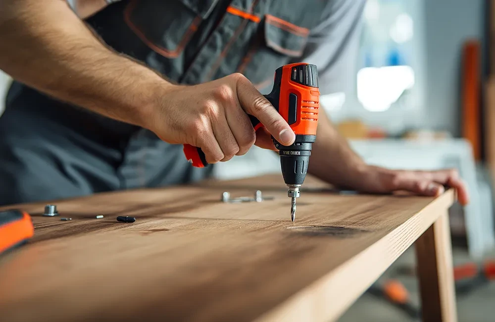 Handwerker bei der Möbelmontage mit Bohrmaschine