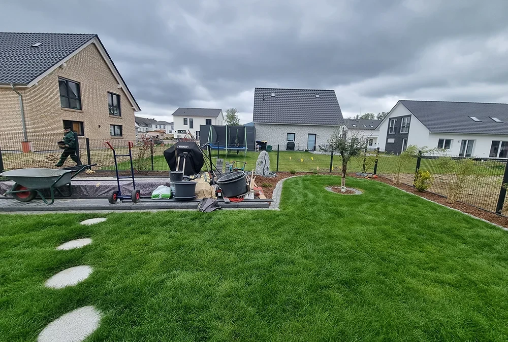 Gepflegter Rasen vor einem modernen Haus mit Garten und Baum