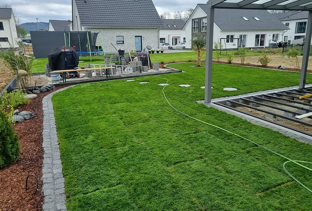 Garten mit frisch verlegtem Rasen und klar abgegrenzter Rasenkante vor modernen Einfamilienhäusern