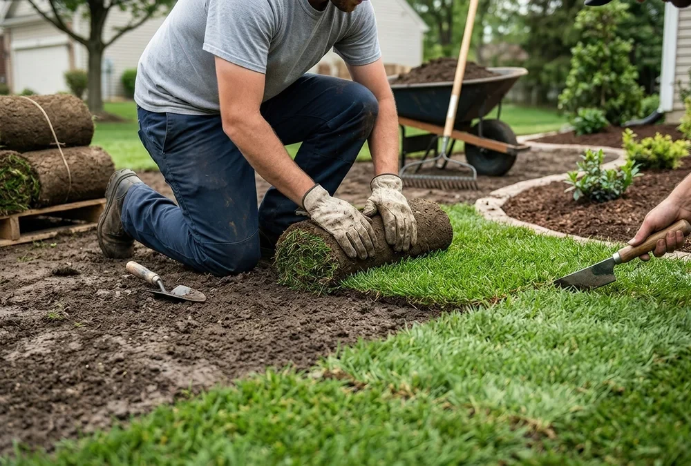 Mann verlegt Rollrasen im Garten, Nahaufnahme der Arbeit mit frischem Rollrasen