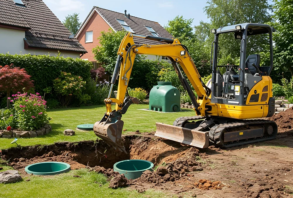 Baggerarbeiten im Garten mit Minibagger und Erdarbeiten neben Wohnhaus