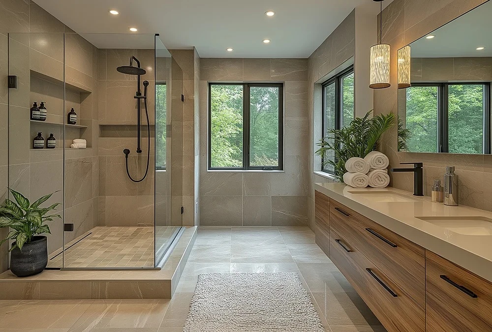 Modernes Badezimmer mit großer Dusche, Holzwaschtisch und großen Fenstern