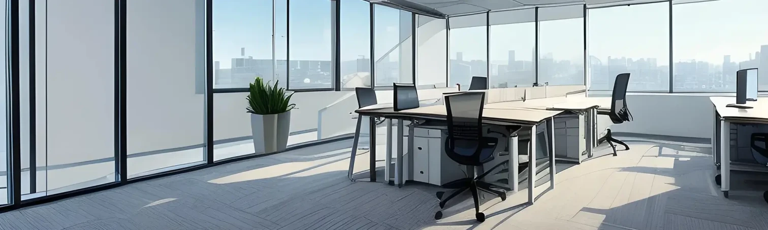 Modernes, helles Büro mit großen Fenstern und ergonomischen Bürostühlen