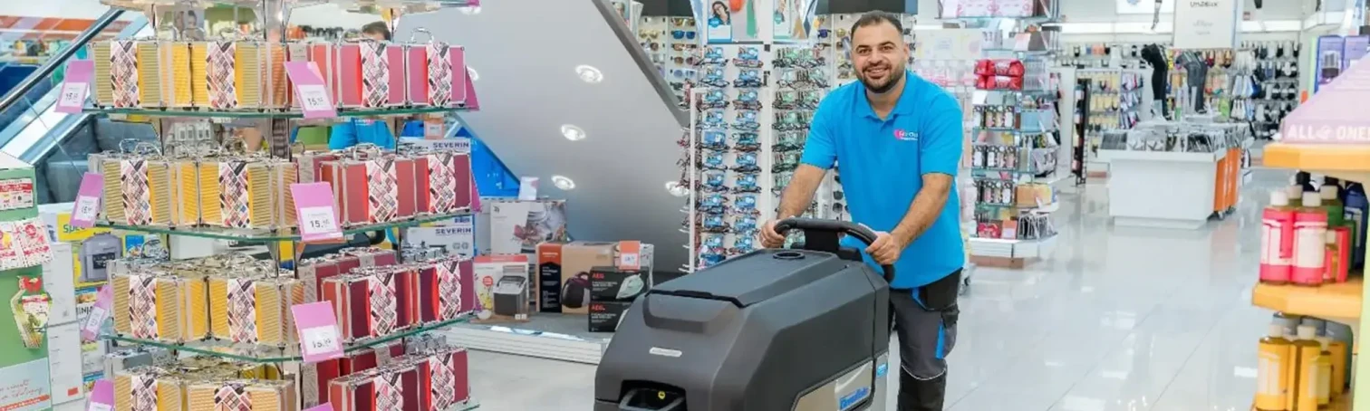 Mitarbeiter reinigt Boden mit Reinigungsmaschine in einem Geschäft mit Haushaltswaren und Sonnenbrillenständer