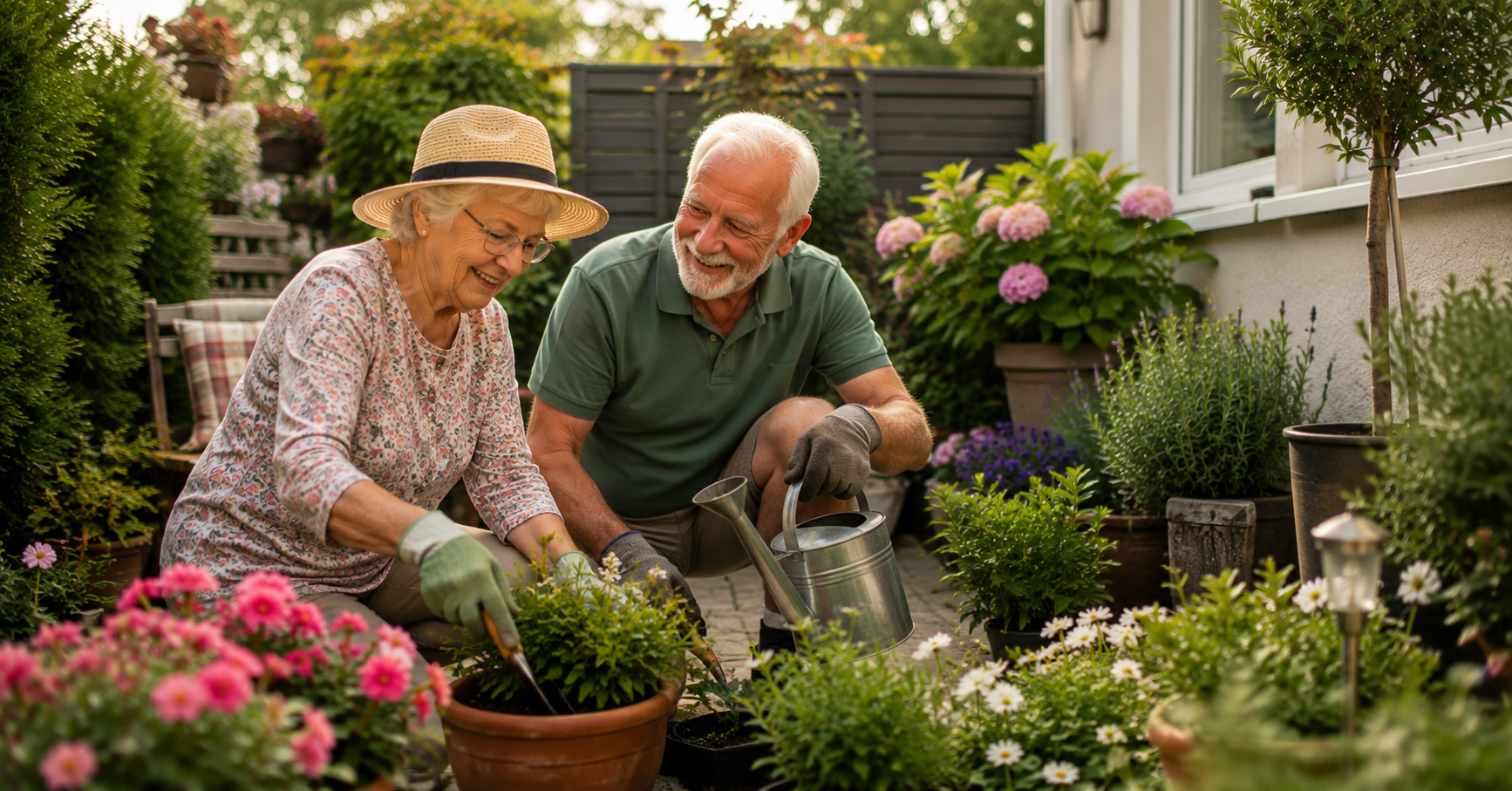 Senioren im Garten beim gemeinsamen Gärtnern und Pflanzen von Blumen