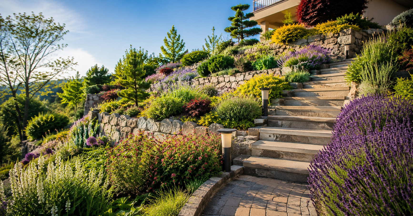 Hanggarten mit Natursteinmauer, Treppe und vielfältiger Bepflanzung im Sonnenlicht
