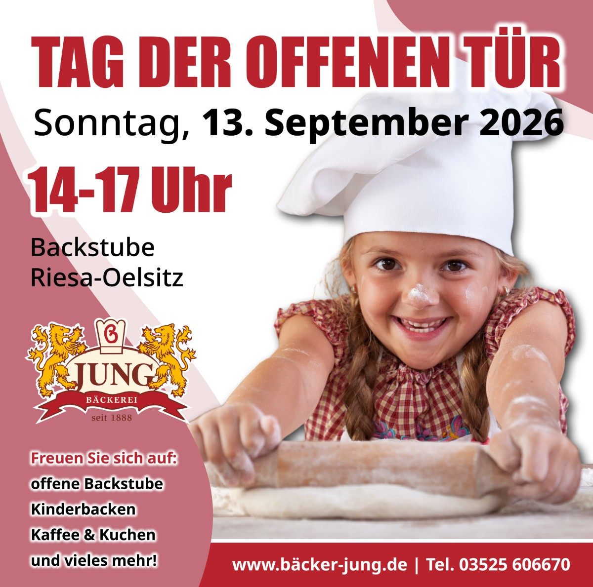 Tag der offenen Tür Bäckerei Jung Riesa-Oelsitz am 13. September 2026 mit Kinderbacken und Backstubenführung