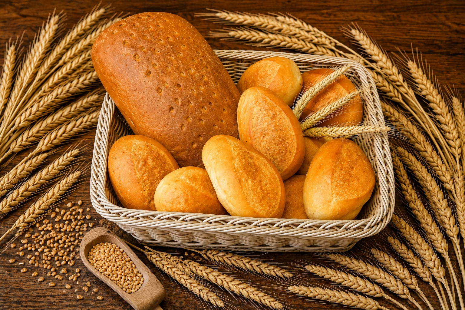 Verschiedene frische Brötchen und Brot in einem Korb mit Weizenähren auf Holztisch