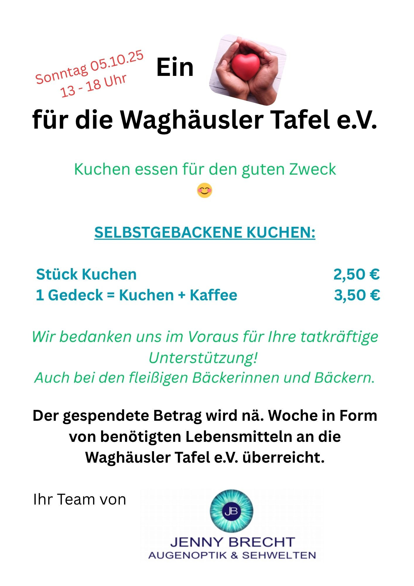 Plakat fr Kuchen essen zugunsten der Waghsler Tafel e.V. mit Preisen fr selbstgebackene Kuchen und Kaffee, Spendenaktion fr den guten Zweck.
