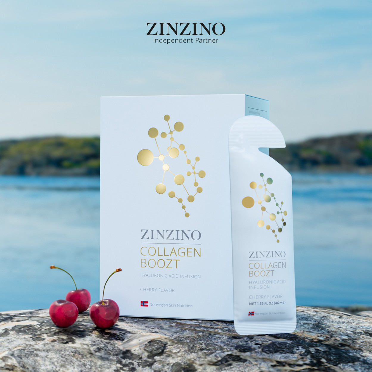 Zinzino Collagen Boozt Hyaluronic Acid Infusion Cherry Flavor Produkt am See mit Kirschen