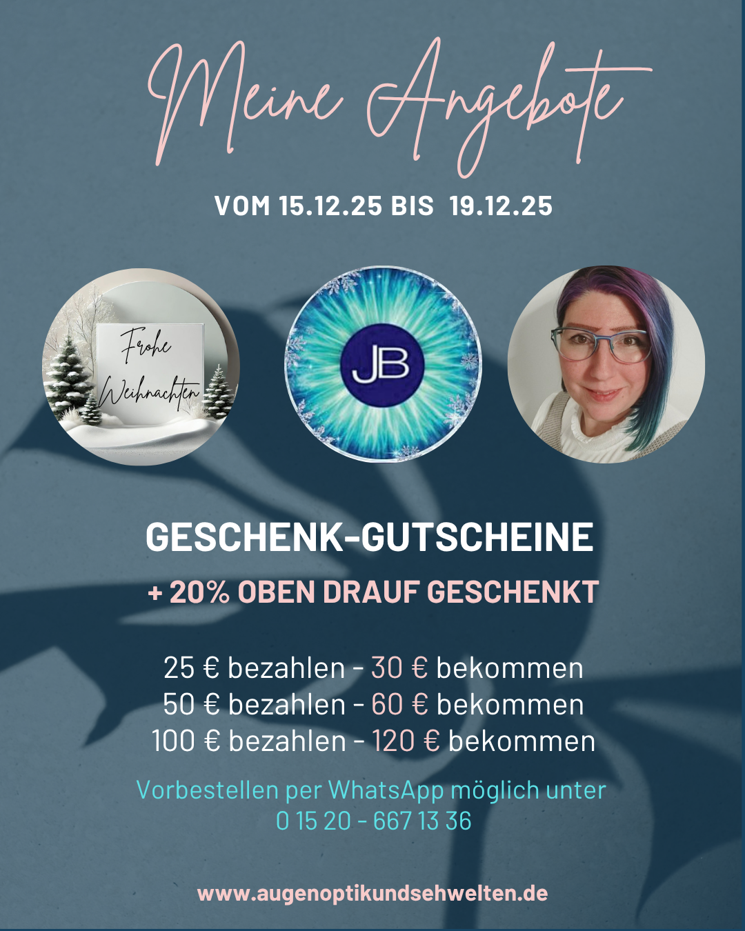 Adventsangebot Geschenk-Gutscheine Aktion vom 15.12.25 bis 19.12.25 mit JB-Logo und Frohe Weihnachten Motiv