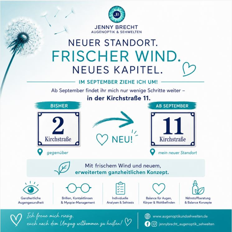 Umzugsankündigung von Jenny Brecht Augenoptik & Sehwelten in die Kirchstraße 11 ab September 2026