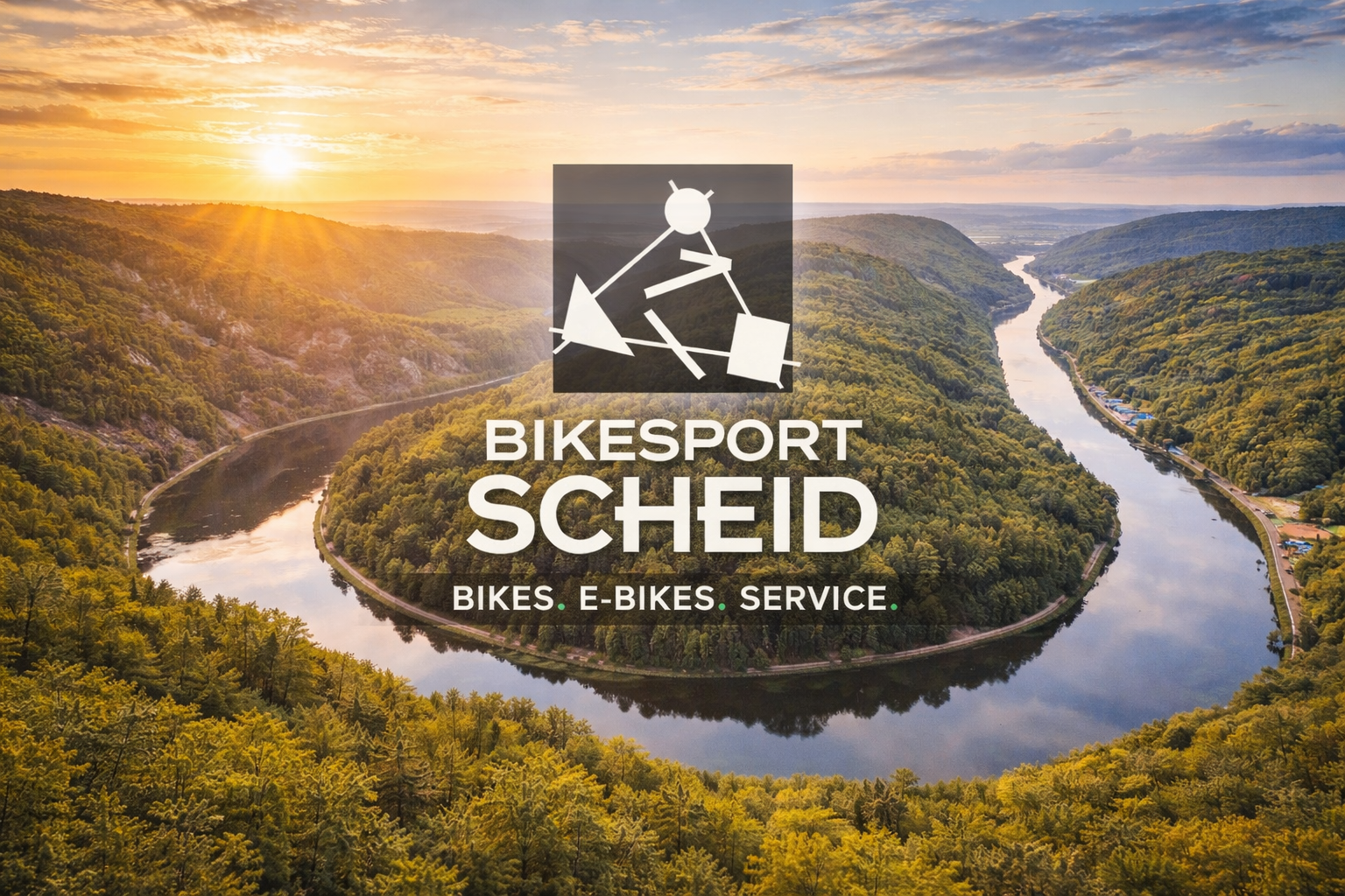 Bikesport Scheid Logo vor landschaftlicher Fluss-Schleife bei Sonnenuntergang, Bikes, E-Bikes und Service