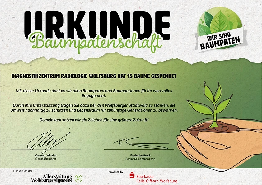 Urkunde für Baumpatenschaft des Medizinischen Zentrums Radiologie Wolfsburg – 15 Bäume gespendet, unterstützt von Aller-Zeitung und Sparkasse Celle-Gifhorn-Wolfsburg