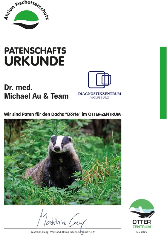 Patenschaftsurkunde für den Dachs Dörte von Dr. Michael Au & Team, Diagnostikzentrum Wolfsburg, Otter-Zentrum