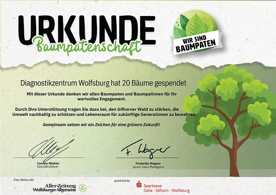 Urkunde Baumpatenschaft des Diagnostikzentrums Wolfsburg für 20 gespendete Bäume im Gifhorner Wald