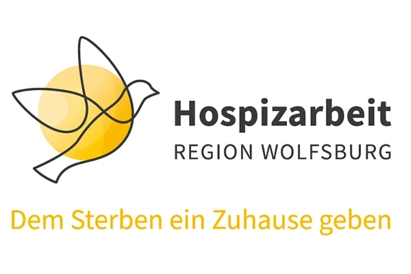 Logo der Hospizarbeit Region Wolfsburg mit Slogan 'Sterben ein Zuhause geben' und stilisierter Taube