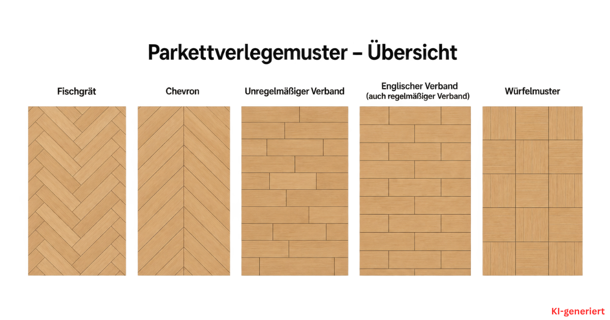 Übersicht Parkettverlegemuster: Chevron, unregelmäßiger Verband und englischer Verband – Parkett Gohmann Laatzen Hannover