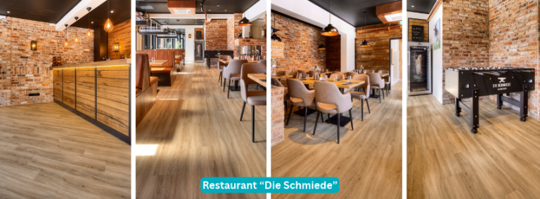 Restaurant Die Schmiede Hannover – Collage mit PVC-Boden von Project Floors Collage des Restaurants Die Schmiede in Hannover mit PVC-Boden von Project Floors