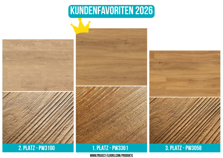 Kundenfavoriten 2026: Project Floors Lieblinge PW3100, PW3361 und PW3240 – Top Bodenbeläge im Überblick Kundenfavoriten 2026 Project Floors: Die beliebtesten Bodenbeläge PW3100, PW3361 und PW3240 im Vergleich ohne Hintergrund